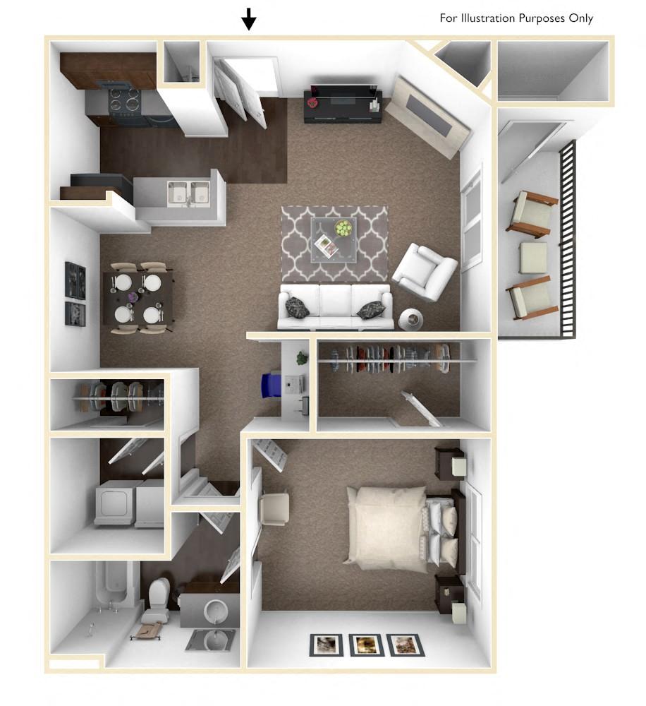 Floor plan for 1 bed, 1 bath, 754 sqft